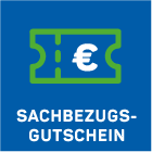 Ein grünes Fahrkartensymbol mit einem Euro-Symbol in der Mitte erscheint über dem Text SACHBEZUGS-GUTSCHEIN auf blauem Hintergrund.