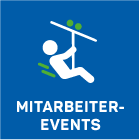 Icon einer Person, die mit dem Seilrutschen fährt, dargestellt in Weiß auf blauem Hintergrund, mit dem Text MITARBEITEREVENTS (Mitarbeiterveranstaltungen) unter dem Bild.
