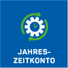 Ein weißes Zahnrad mit einem Ziffernblatt in der Mitte, umgeben von zwei grünen kreisförmigen Pfeilen, auf blauem Hintergrund. Unter dem Bild ist in weißer Schrift der deutsche Text Jahreszeitkonto zu lesen.