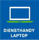 Icon eines weißen Laptops mit grünem Sockel auf blauem Hintergrund. Unter dem Bild ist der Text DIENSTHANDY LAPTOP in weißen Großbuchstaben geschrieben.