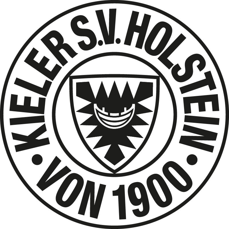 Das Logo des Kieler S.V. Holstein von 1900 zeigt ein stilisiertes Schild mit einem lächelnden Gesicht, umgeben von dem Vereinsnamen und dem Gründungsjahr in fetter, kreisförmiger Schrift.