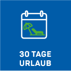 Ein blaues, quadratisches Symbol mit einem weißen Kalender, das einen grünen Strandkorb und einen Sonnenschirm zeigt, die Urlaub symbolisieren. Darunter steht in weißem Text 30 TAGE URLAUB (30 Tage Urlaub auf Deutsch).