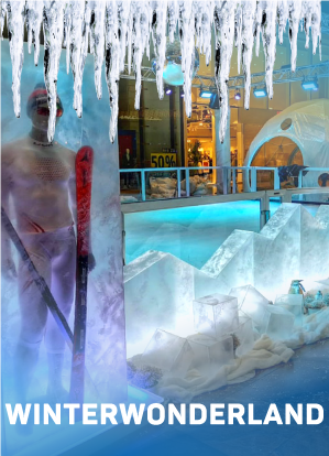 Eine winterliche Ausstellung mit Eisskulpturen, künstlichem Schnee und blauer Beleuchtung. Eine Figur in Winterkleidung steht mit Skiern in der Hand hinter dem Eis, und von der Spitze hängen Eiszapfen herab. Der Text am unteren Rand lautet "WINTERWONDERLAND".