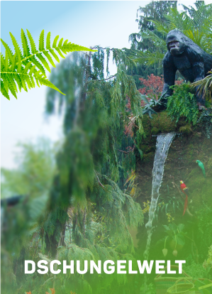 Eine große Gorillastatue steht inmitten von üppigem Grün auf einem Felsvorsprung mit einem Wasserfall unter ihr. Das deutsche Wort DSCHUNGELWELT erscheint am unteren Rand, und ein Farnblatt umrahmt die obere linke Ecke.