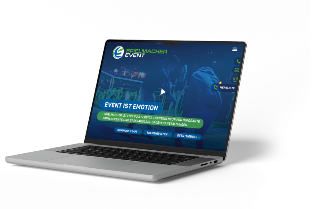 Ein Laptop, auf dem die Website von Spielmacher Event angezeigt wird, mit einer blau gestalteten Startseite mit dem Text Event ist Emotion und mehreren Navigationsschaltflächen auf dem Bildschirm.