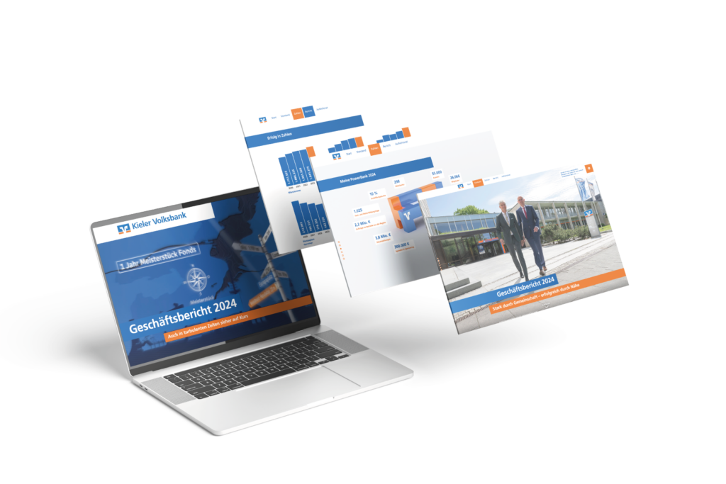 Auf einer weißen Fläche steht ein Laptop mit einem Deckblatt mit der Aufschrift Geschäftsbericht 2024 und drei schwebenden Berichtsseiten mit Diagrammen, Schaubildern und einem Foto von zwei Geschäftsleuten vor einem modernen Gebäude.