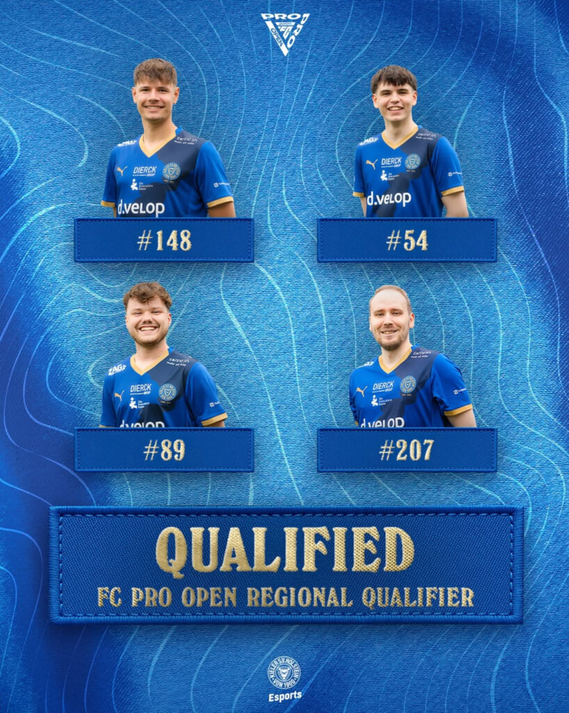 Vier esports-Spieler in blauen Trikots, jedes mit einer Nummer (#148, #54, #89, #207), sind auf einem blau strukturierten Hintergrund abgebildet. Der Text darunter lautet QUALIFIED - FC Pro Open Regional Qualifier.