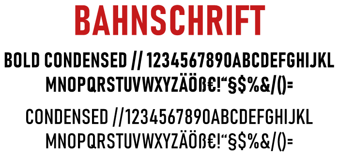 Textbeispiel mit der Schriftart "Bahnschrift" in fett, kondensiert und kondensiert, mit Großbuchstaben, Zahlen und Symbolen einschließlich "ÄÖÜ€" über jeder Buchstabenzeile.
