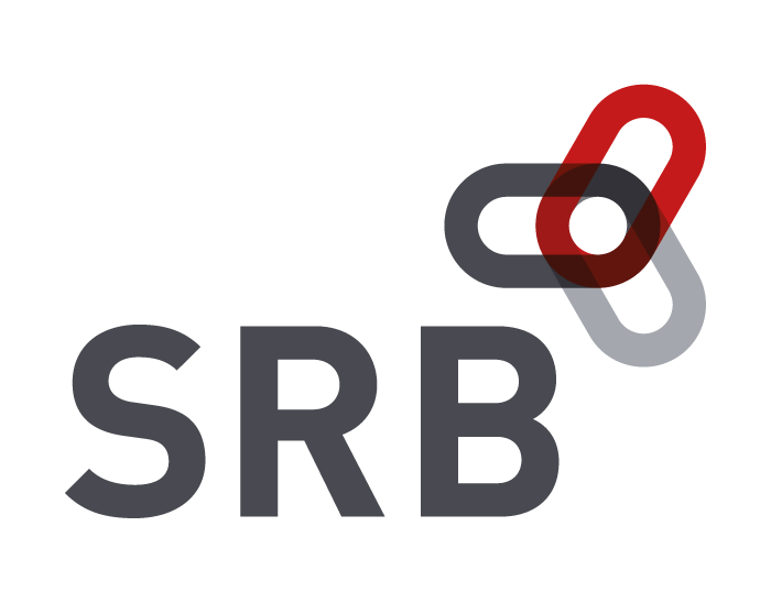 Das Bild zeigt die Buchstaben SRB in fetter grauer Schrift und drei ineinandergreifende ovale Formen in Rot, Dunkelgrau und Hellgrau über und rechts vom Text.