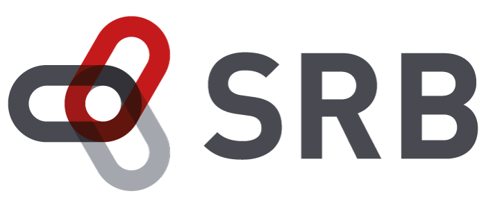 Logo mit zwei ineinandergreifenden Kapseln, eine grau und eine rot, links von den großen grauen Buchstaben SRB auf hellem Hintergrund.