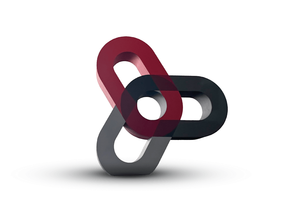 Drei ineinander greifende ovale Glieder in Rot, Schwarz und Grau stehen aufrecht auf einem weißen Hintergrund und werfen einen schwachen Schatten unter sich. Die Formen überschneiden sich und bilden ein geometrisches, abstraktes Muster.