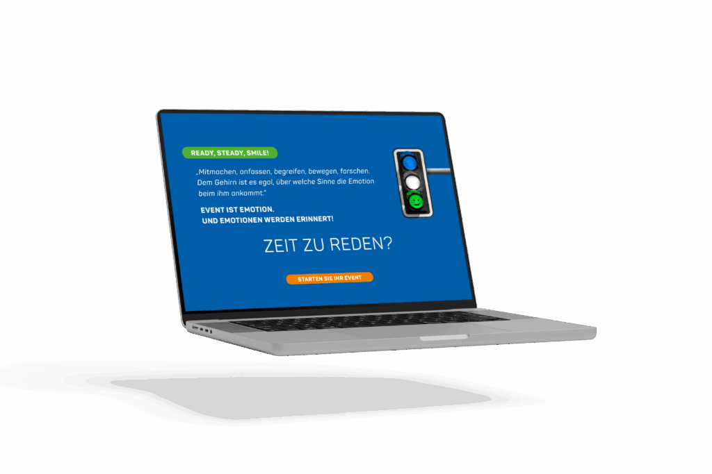 Ein schwebender Laptop zeigt auf seinem Bildschirm einen deutschen Text mit einem grünen Ampelbild. Der Bildschirm weist blaue und orangefarbene Abschnitte mit einer auffälligen "ZEIT ZU REDEN?" (Zeit zum Reden?) und eine Schaltfläche mit der Aufschrift "STARTEN SIE DAS EVENT.".